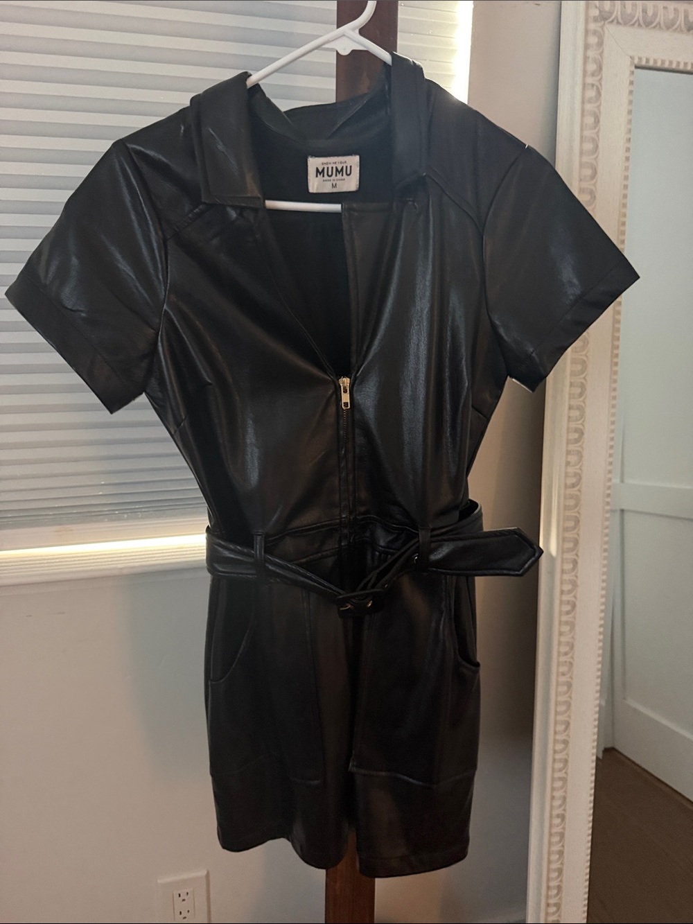 Show Me Your MuMu Black Faux Leather Short-Sleeve Romper Dress with Belt